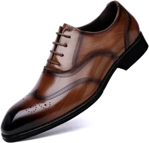 Formal Shoes for Men Lace Up Square Burnished Toe Brogue Wingtips Vegan Leather Derby Shoes Non Slip Block Heel Anti-Slip Low Top Classic(Brown,7.5)
