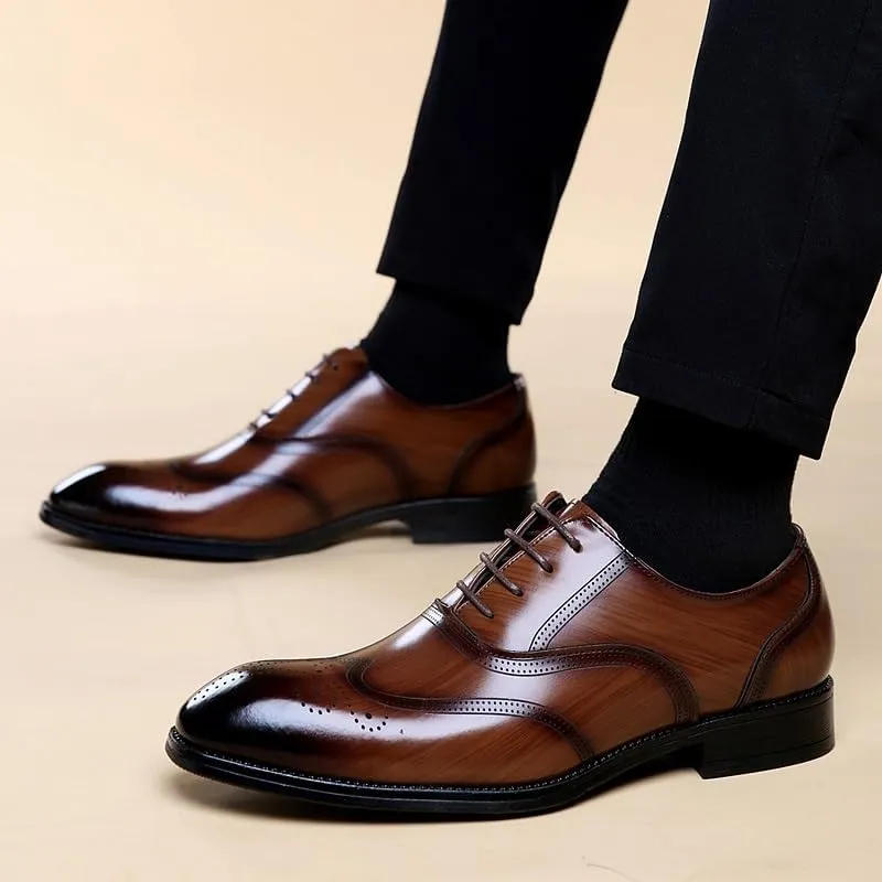 Formal Shoes for Men Lace Up Square Burnished Toe Brogue Wingtips Vegan Leather Derby Shoes Non Slip Block Heel Anti-Slip Low Top Classic(Brown,7.5)