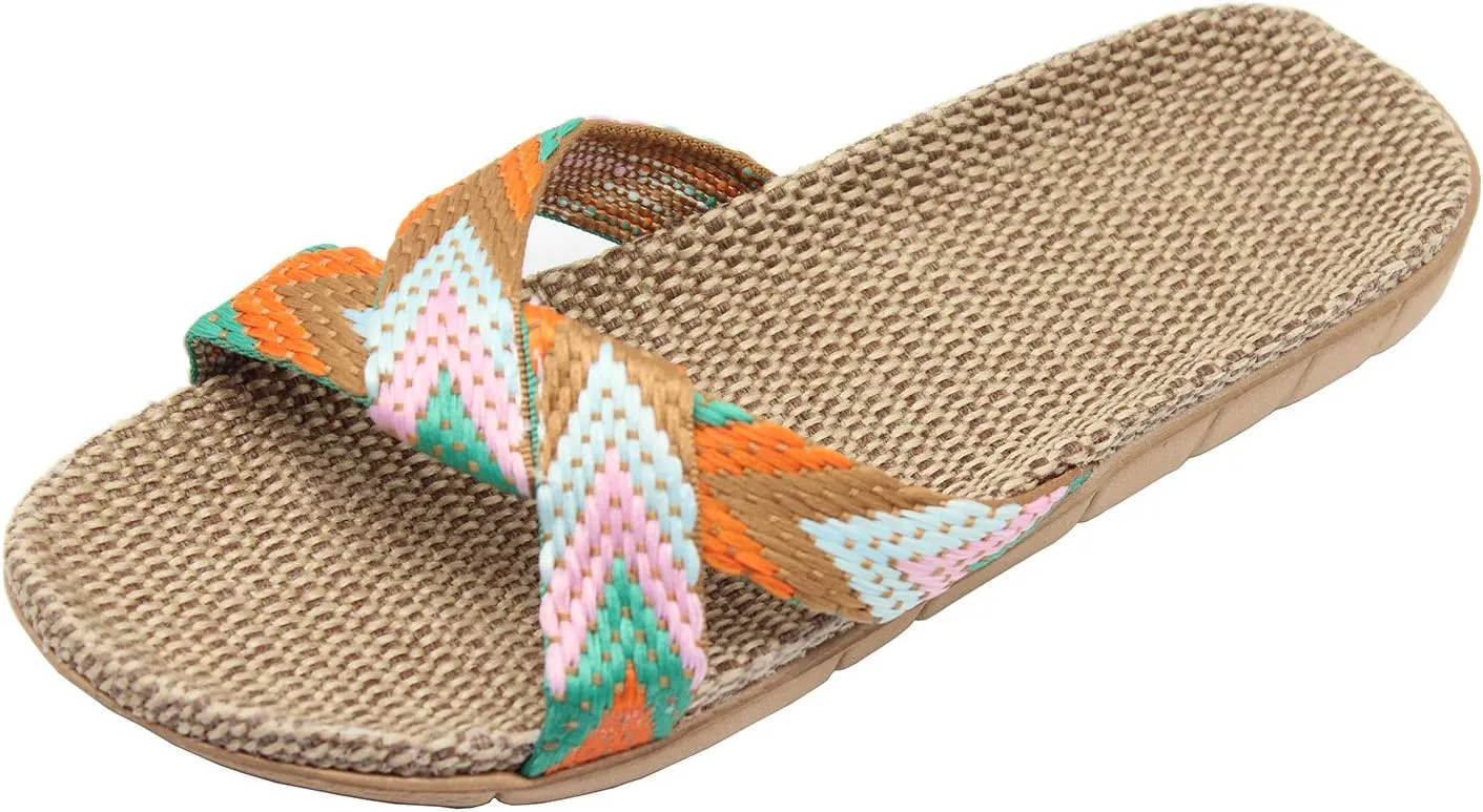 FRALOSHA Women's Summer Slippers Flax Cross House Shoes Indoor Breathable Outdoor Sandals