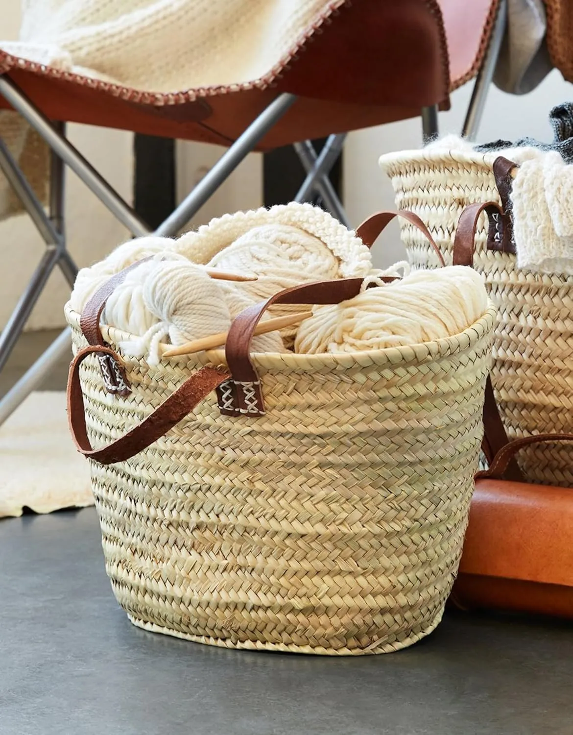 FRENCH BASKET with double flat leather handles, straw bag, beach bag, basket bag, shopping basket, wicker basket with handle, straw market basket (X-Large, Tan Brown)
