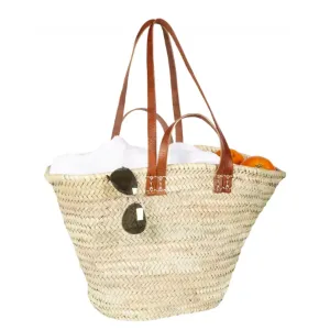 FRENCH BASKET with double flat leather handles, straw bag, beach bag, basket bag, shopping basket, wicker basket with handle, straw market basket (X-Large, Tan Brown)