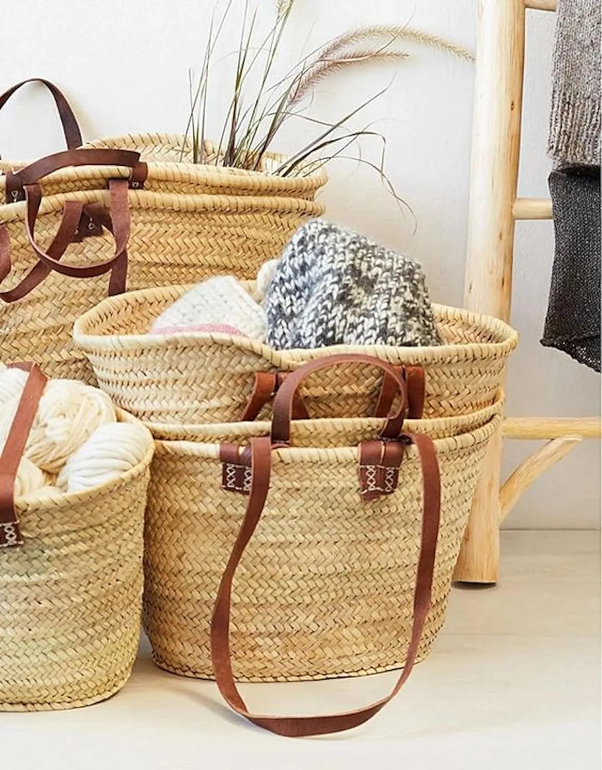 FRENCH BASKET with double flat leather handles, straw bag, beach bag, basket bag, shopping basket, wicker basket with handle, straw market basket (X-Large, Tan Brown)