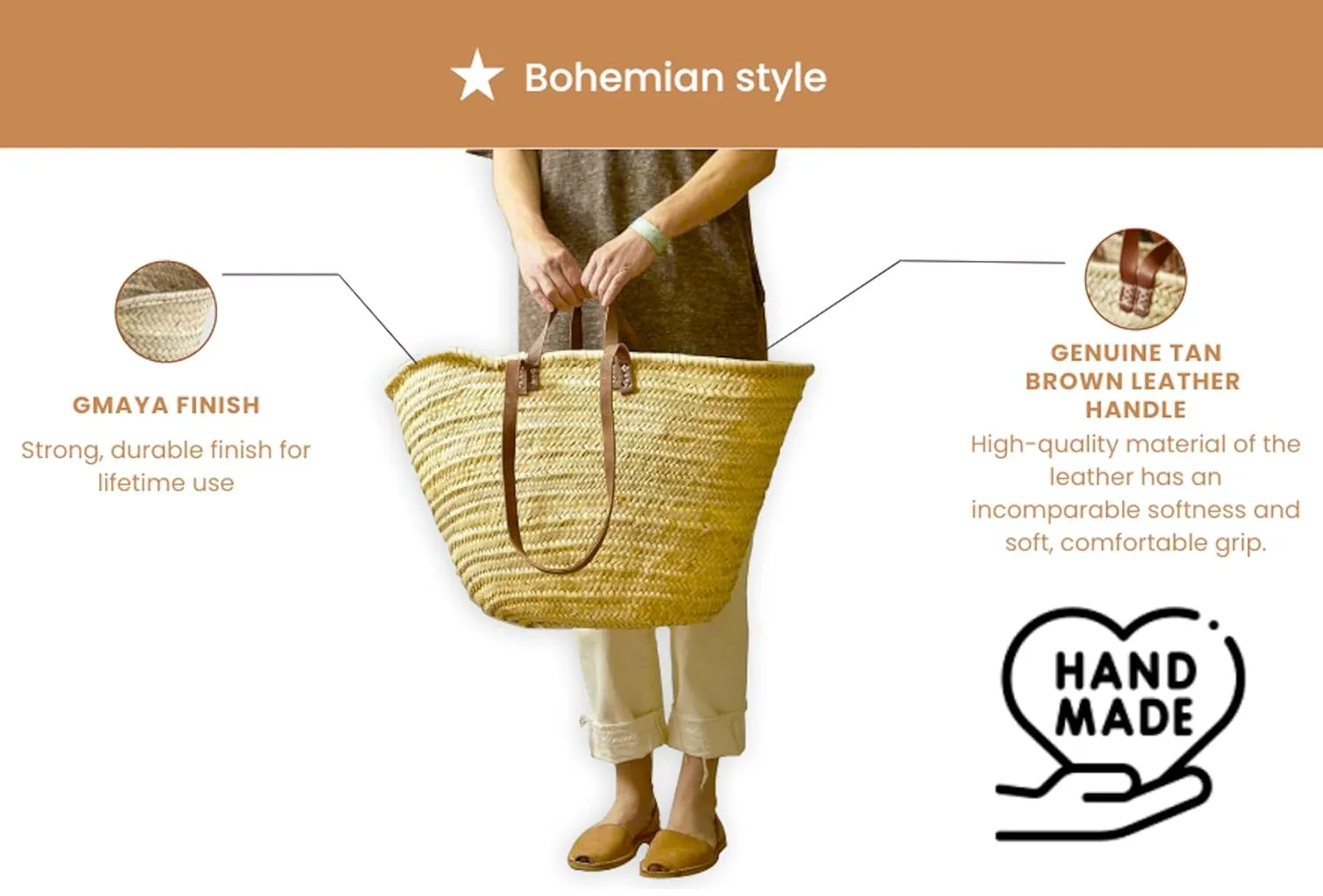 FRENCH BASKET with double flat leather handles, straw bag, beach bag, basket bag, shopping basket, wicker basket with handle, straw market basket (X-Large, Tan Brown)