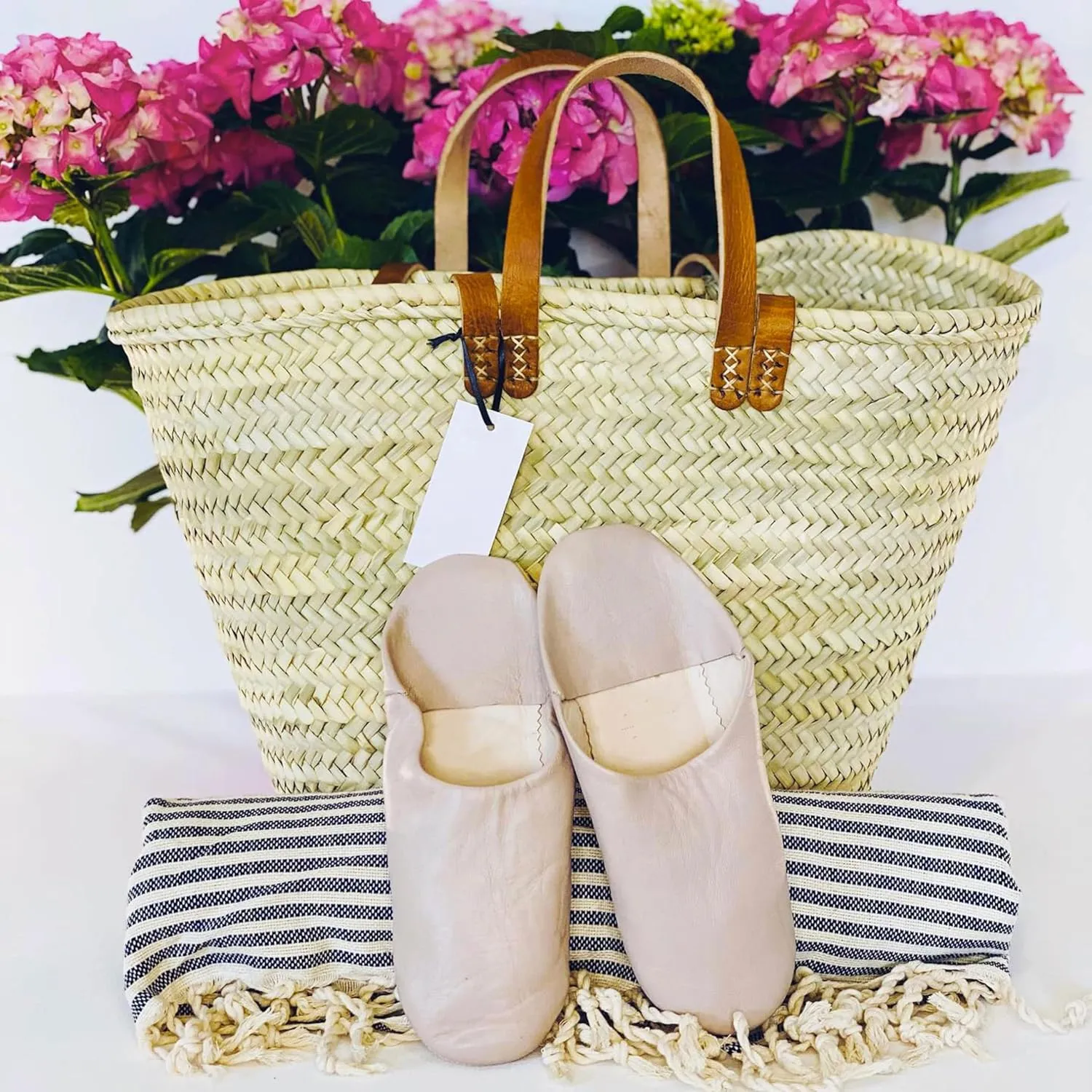 FRENCH BASKET with double flat leather handles, straw bag, beach bag, basket bag, shopping basket, wicker basket with handle, straw market basket (X-Large, Tan Brown)