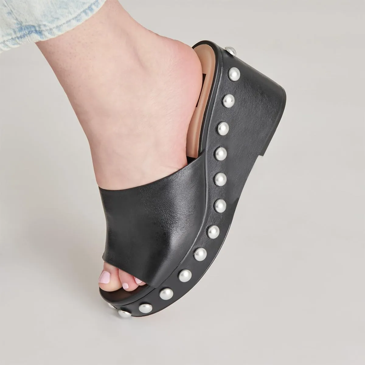 FSJ Women Classic Open Toe Wedge Heels Slide Heeled Sandals Studded Metal Rivets Slip On Mules Summer Casual Dress Shoes Size 4-16 US