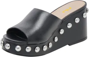 FSJ Women Classic Open Toe Wedge Heels Slide Heeled Sandals Studded Metal Rivets Slip On Mules Summer Casual Dress Shoes Size 4-16 US