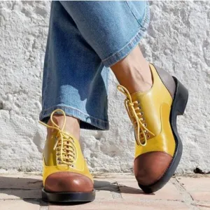 FSJ Women Multicolor Leather Oxford Round Cap Toe Lace Up Brogues Patchwork shoe