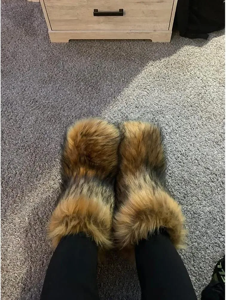 Furry Faux Fur Boots Women's Winter Shoes Woman Fluffy Warm Snow Boots Mid-Calf Comfortable Outdoor Flat