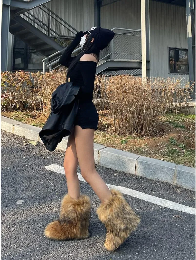 Furry Faux Fur Boots Women's Winter Shoes Woman Fluffy Warm Snow Boots Mid-Calf Comfortable Outdoor Flat