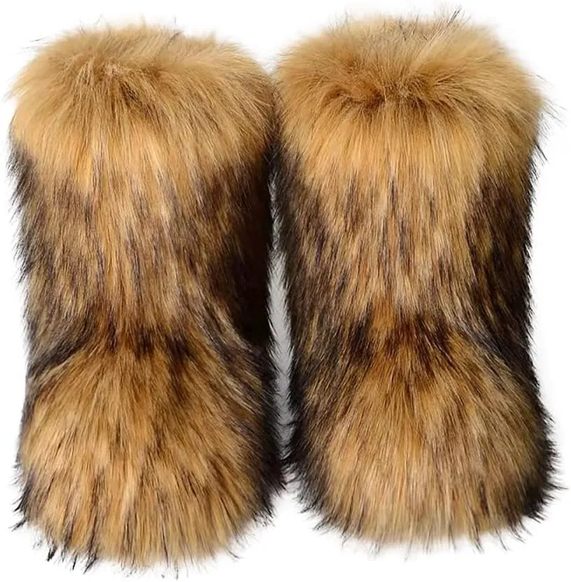 Furry Faux Fur Boots Women's Winter Shoes Woman Fluffy Warm Snow Boots Mid-Calf Comfortable Outdoor Flat