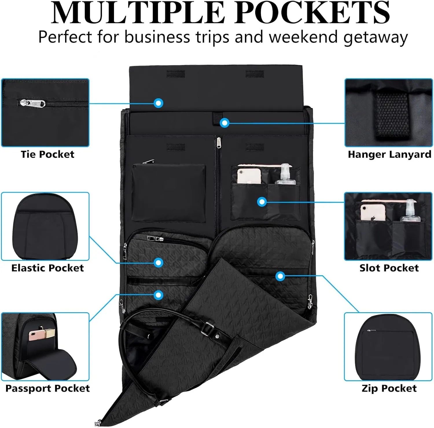 Garment Bag for Travel With Toiletry Bag Convertible Carry On Weekender Bag Large Travel Duffel Bags for Women 2 in 1 Hanging Suitcase Suit Travel Bags for Women & Men 3pcs Set (G-Black)