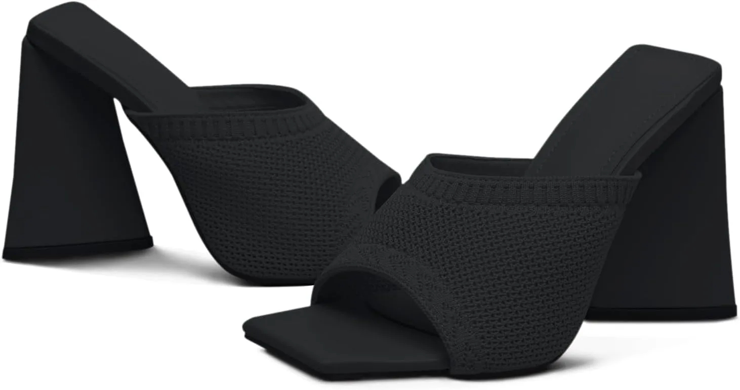 GATUXUS Women's Chunky High Heel Slide Sandals Square Open Toe Knit Breathable Slip On Mule Sandals Shoes