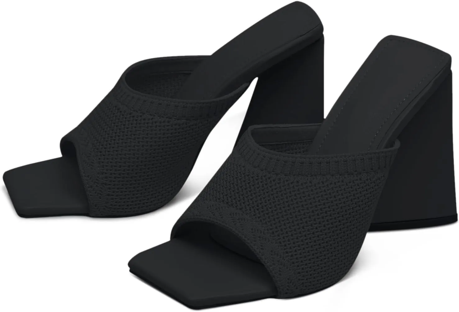 GATUXUS Women's Chunky High Heel Slide Sandals Square Open Toe Knit Breathable Slip On Mule Sandals Shoes