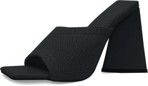 GATUXUS Women's Chunky High Heel Slide Sandals Square Open Toe Knit Breathable Slip On Mule Sandals Shoes