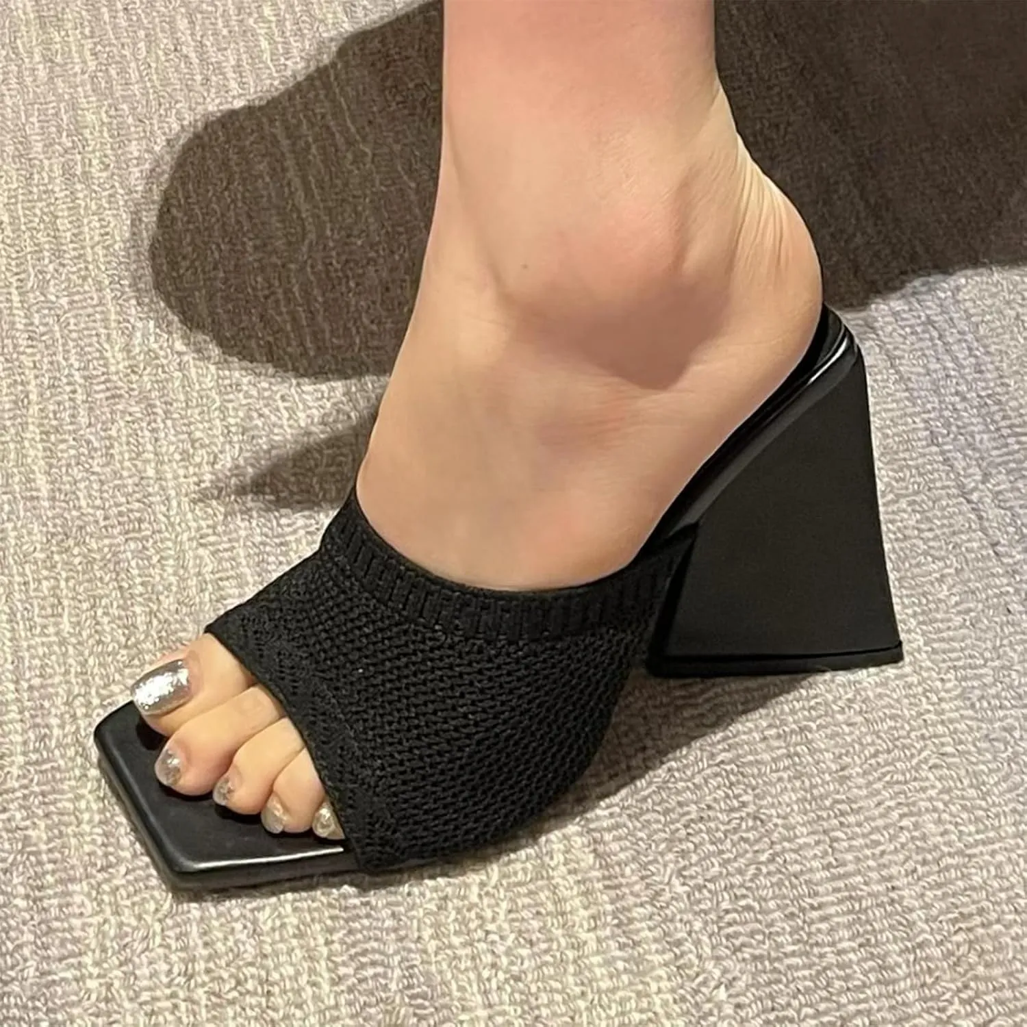 GATUXUS Women's Chunky High Heel Slide Sandals Square Open Toe Knit Breathable Slip On Mule Sandals Shoes