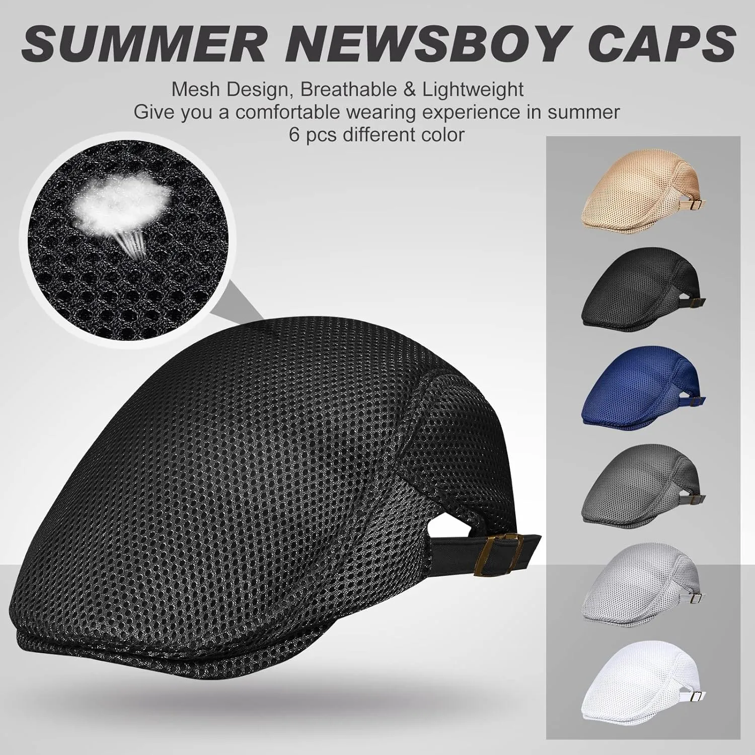 Geyoga 6 Pieces Men's Mesh Flat Cap Breathable Summer Newsboy Hat Cabbie Flat Cap