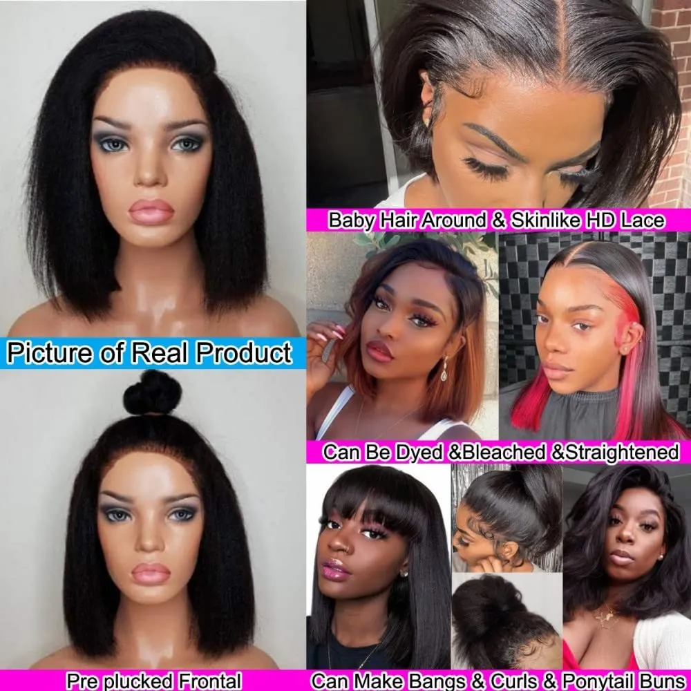 Glueless Wigs Human Hair 13x6 HD Lace Front Wigs Kinky Straight Human Hair Bob Wigs for Black Women 130% Density 10 Inch Italian Yaki Straight Human Hair Wigs with Baby Hair Pre plucked