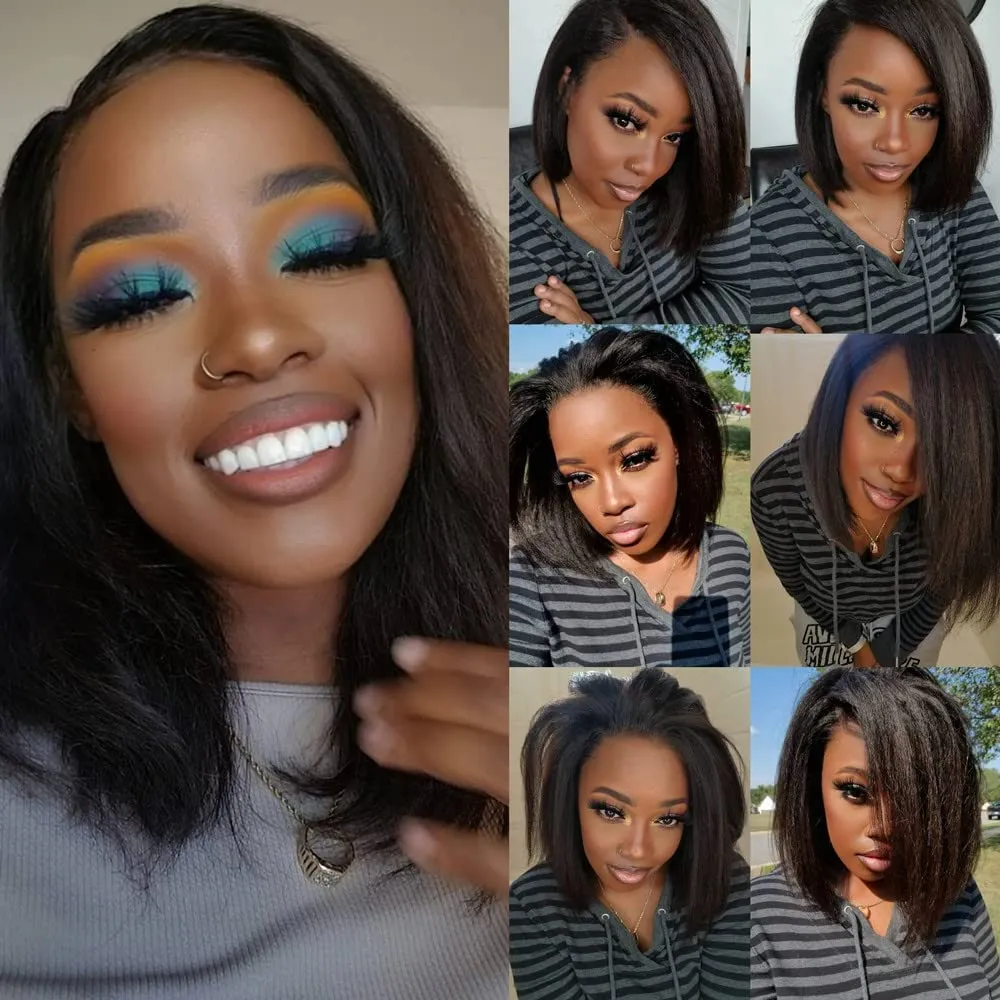 Glueless Wigs Human Hair 13x6 HD Lace Front Wigs Kinky Straight Human Hair Bob Wigs for Black Women 130% Density 10 Inch Italian Yaki Straight Human Hair Wigs with Baby Hair Pre plucked