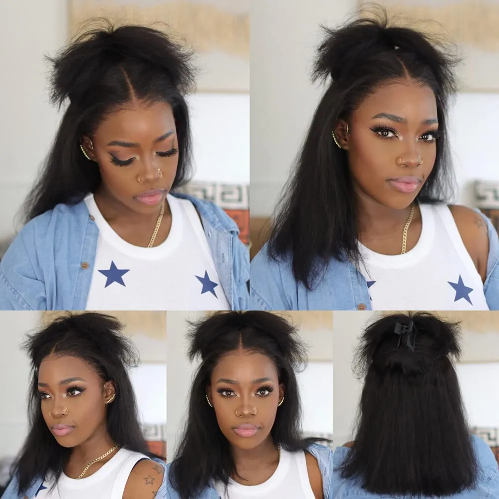 Glueless Wigs Human Hair 13x6 HD Lace Front Wigs Kinky Straight Human Hair Bob Wigs for Black Women 130% Density 10 Inch Italian Yaki Straight Human Hair Wigs with Baby Hair Pre plucked