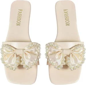 GORGLITTER Women's Bow Flat Sandals Dressy Pearl Wedding Sandals for Bride Comfortable Summer Slides