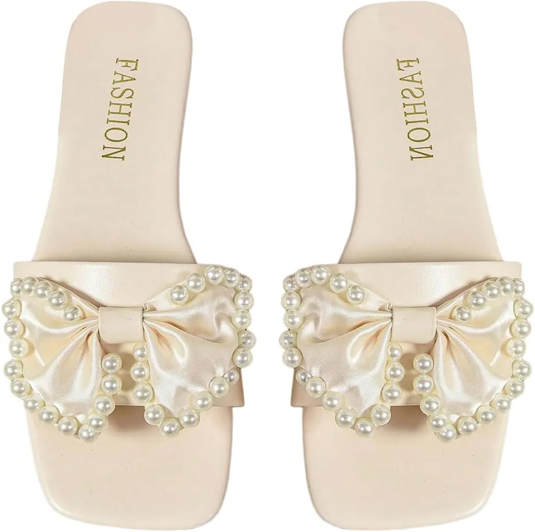 GORGLITTER Women's Bow Flat Sandals Dressy Pearl Wedding Sandals for Bride Comfortable Summer Slides
