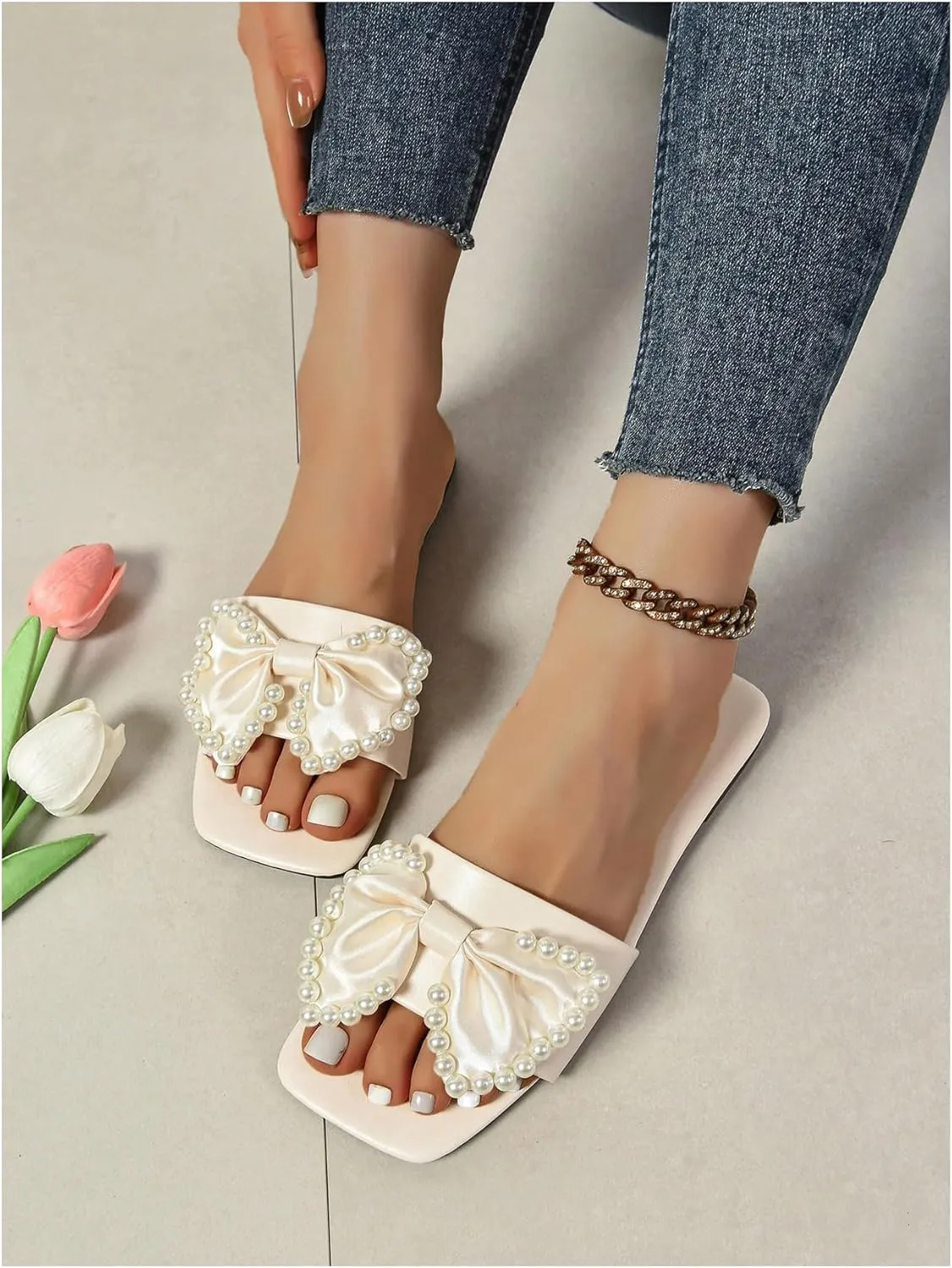 GORGLITTER Women's Bow Flat Sandals Dressy Pearl Wedding Sandals for Bride Comfortable Summer Slides