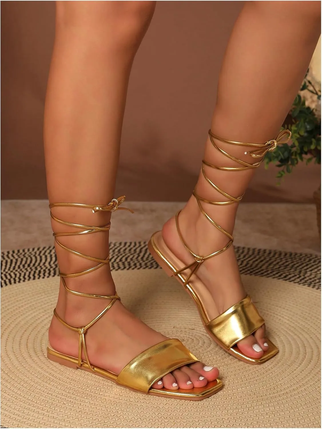 GORGLITTER Women's Criss Cross Strappy Lace Up Flat Sandals Metallic Square Open Toe Dressy Sandals