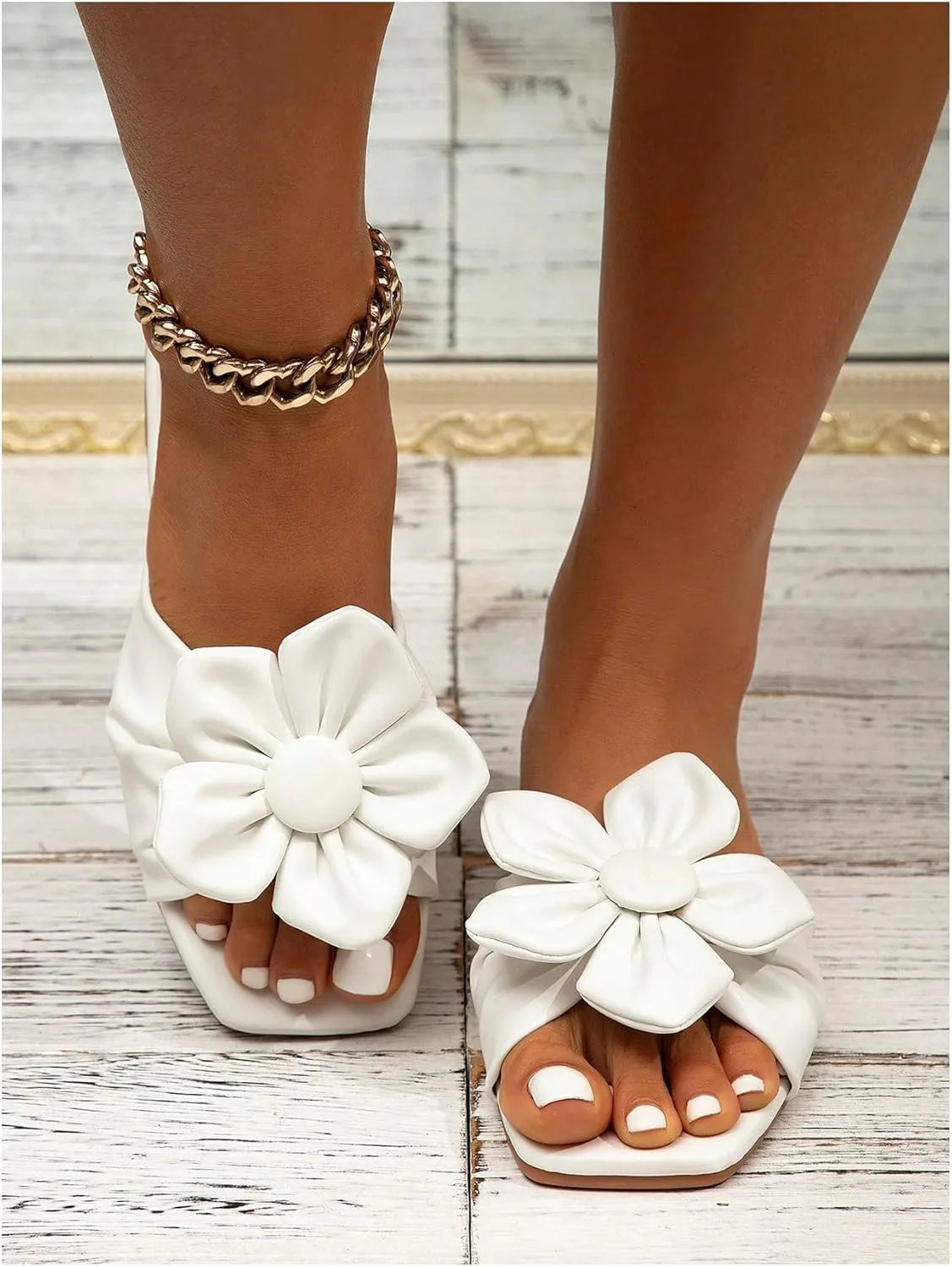 GORGLITTER Women's Flower Flat Wedding Sandals Cute Square Toe Trendy 2025 Summer Comfortable Slide