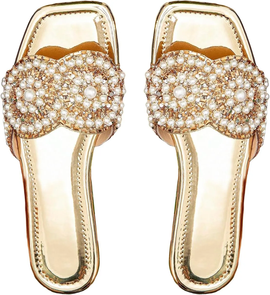 GORGLITTER Women's Rhinestone Flat Sandals Dressy Comfortable Metallic Sparkly Sandals