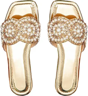 GORGLITTER Women's Rhinestone Flat Sandals Dressy Comfortable Metallic Sparkly Sandals