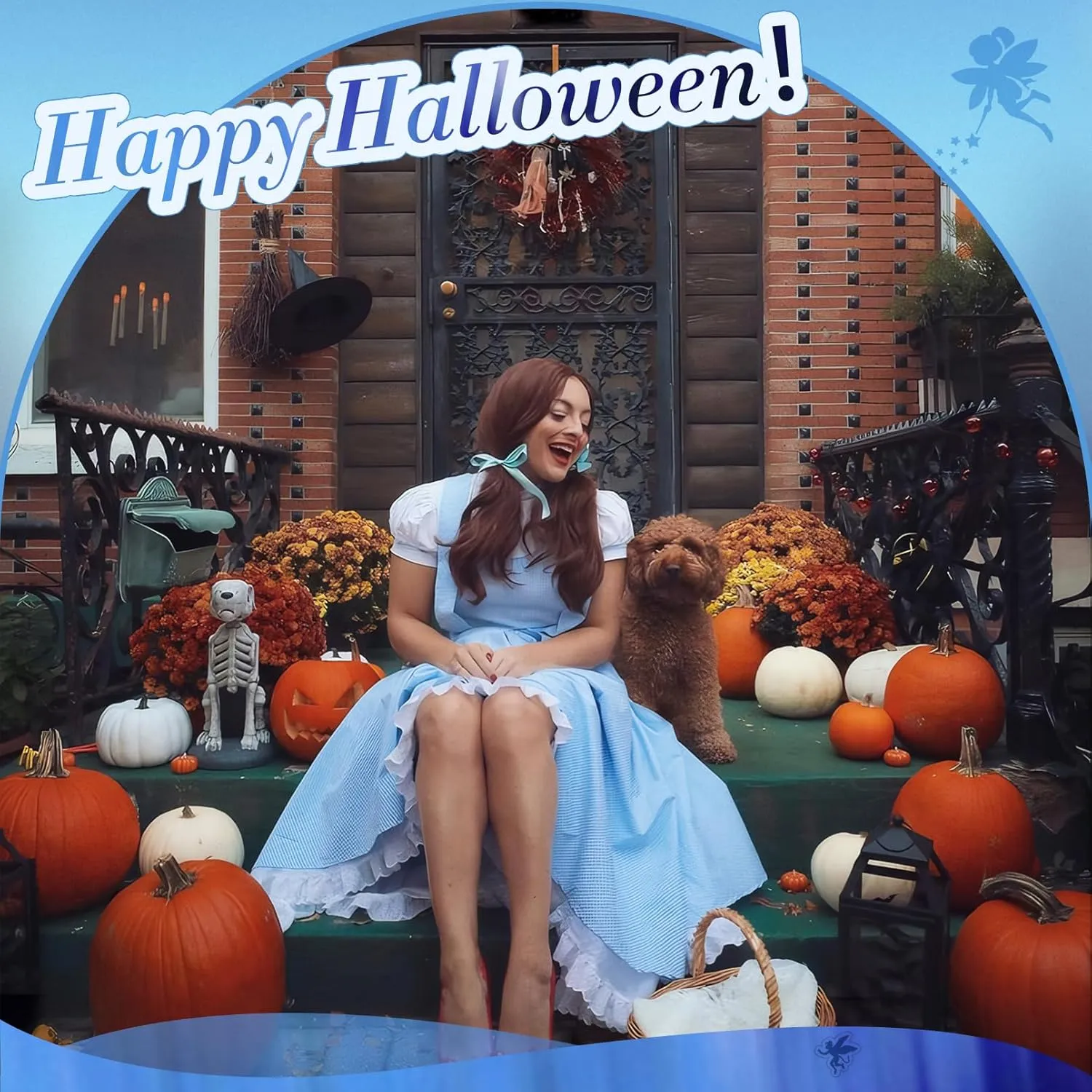 Halloween Costume for Women Fairytale Outfit with Bamboo Basket, Socks, Hair Bow, and Toy Puppy