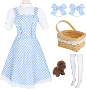Halloween Costume for Women Fairytale Outfit with Bamboo Basket, Socks, Hair Bow, and Toy Puppy