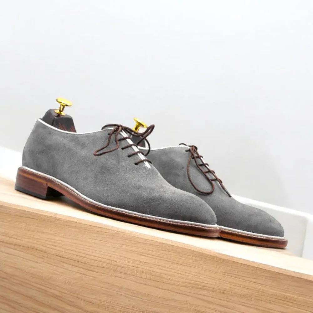 Handmade Grey Suede Whole Cut Oxford Shoe for Men | Classic Dress Footwear