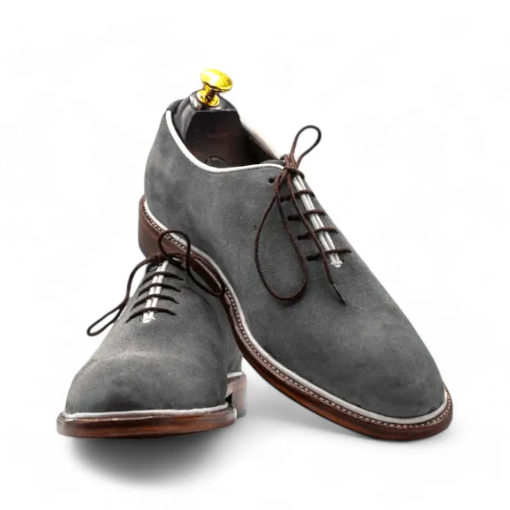 Handmade Grey Suede Whole Cut Oxford Shoe for Men | Classic Dress Footwear
