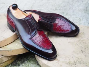 Handmade Men's Derby Lace Up Crocodile Texture Leather Round Toe Dress Shoe