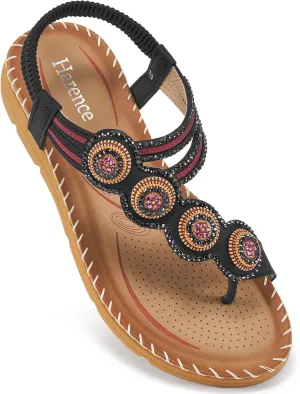 HARENCE Flat Sandals for Women Dressy: Comfortable Summer Flats Shoes Elastic Ankle Strap Bohemian Beaded Beach Sandal