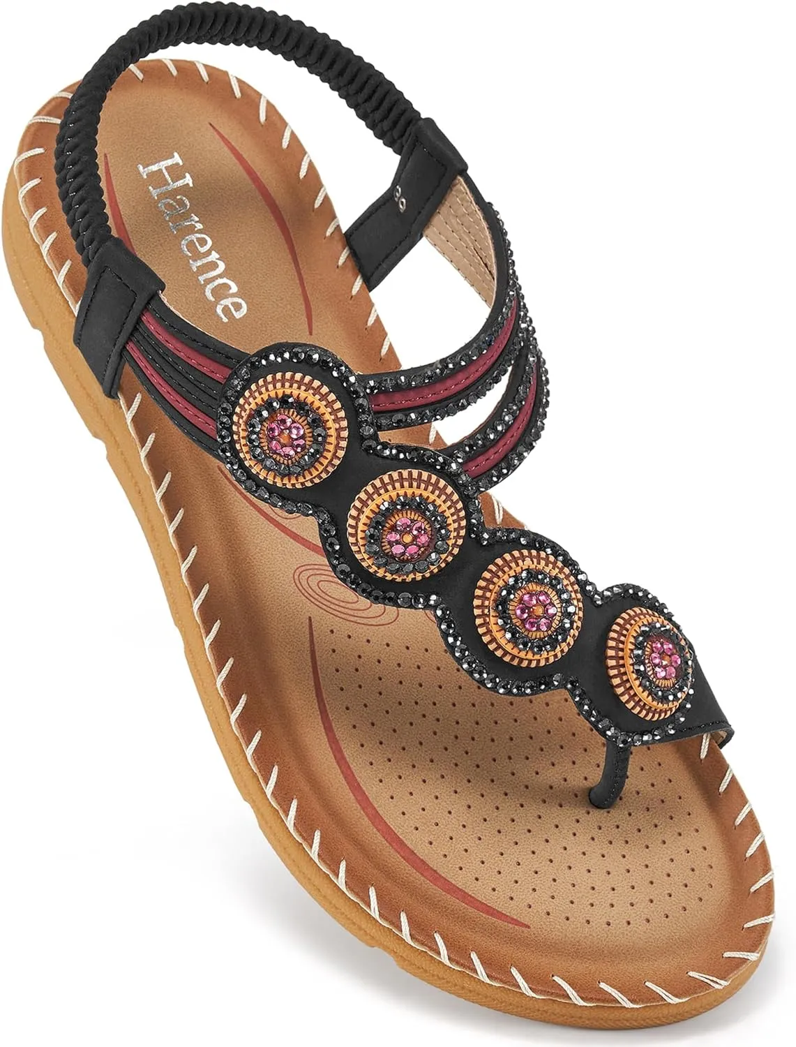 HARENCE Flat Sandals for Women Dressy: Comfortable Summer Flats Shoes Elastic Ankle Strap Bohemian Beaded Beach Sandal