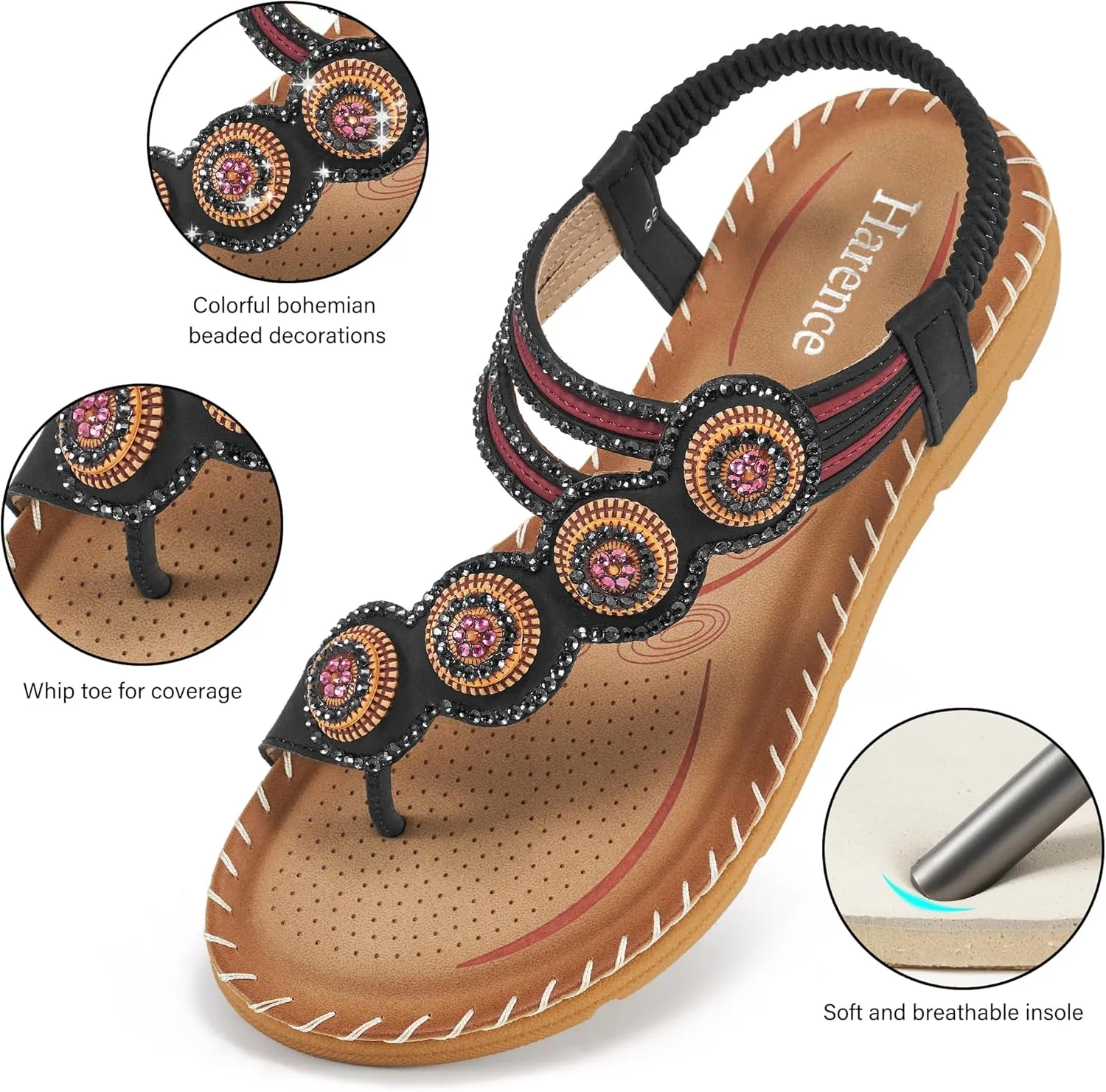 HARENCE Flat Sandals for Women Dressy: Comfortable Summer Flats Shoes Elastic Ankle Strap Bohemian Beaded Beach Sandal