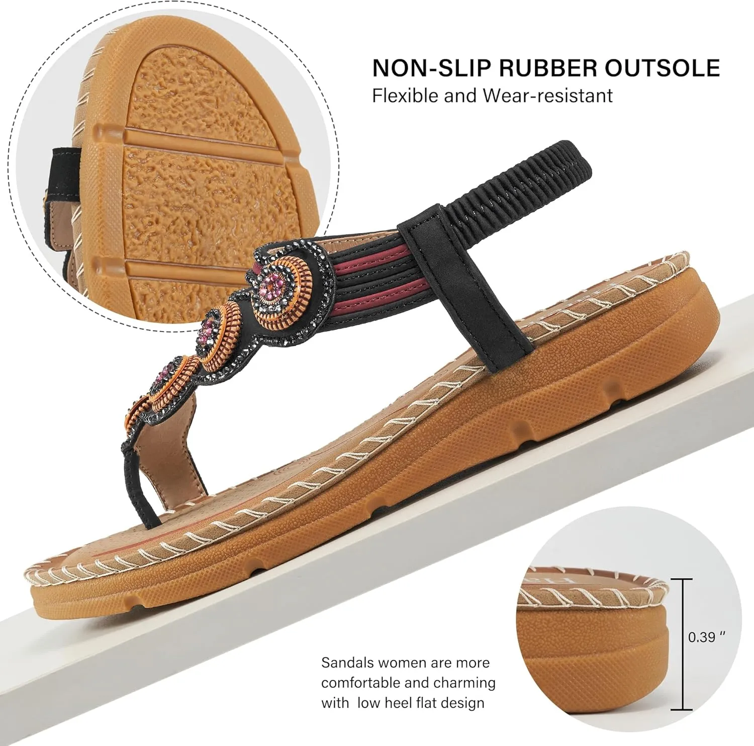 HARENCE Flat Sandals for Women Dressy: Comfortable Summer Flats Shoes Elastic Ankle Strap Bohemian Beaded Beach Sandal