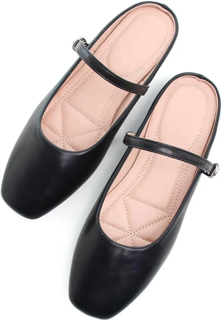 Hee grand Mules for Women Mary Jane Shoes Retro Square Toe Strap Backless Flat Mules Comfortable Flat Slippers