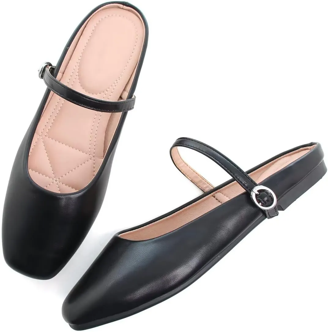 Hee grand Mules for Women Mary Jane Shoes Retro Square Toe Strap Backless Flat Mules Comfortable Flat Slippers
