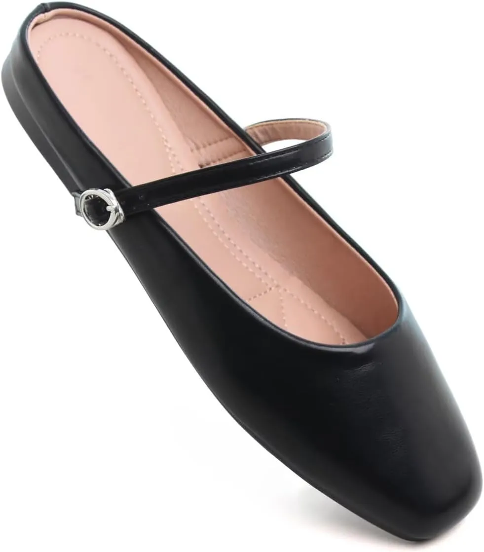 Hee grand Mules for Women Mary Jane Shoes Retro Square Toe Strap Backless Flat Mules Comfortable Flat Slippers