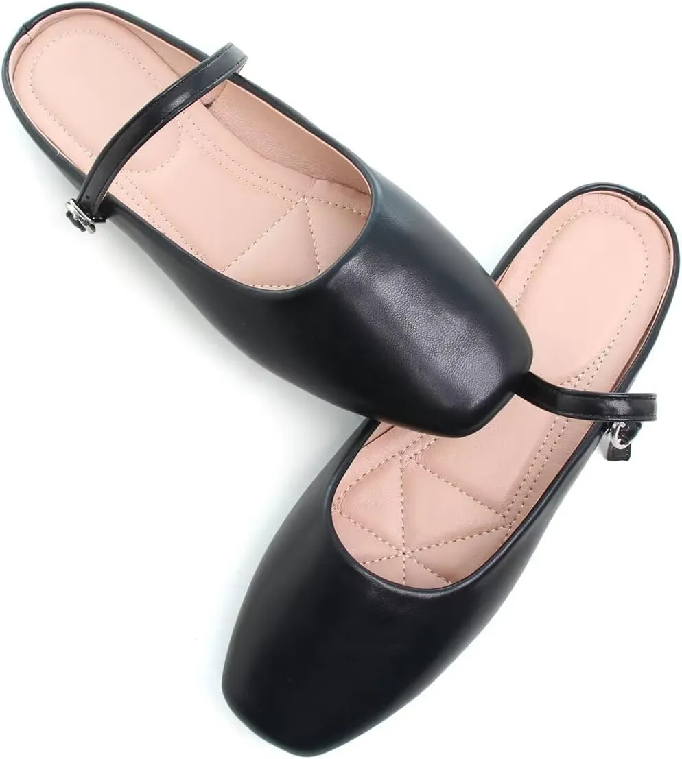 Hee grand Mules for Women Mary Jane Shoes Retro Square Toe Strap Backless Flat Mules Comfortable Flat Slippers