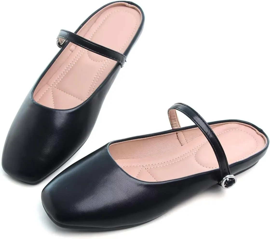 Hee grand Mules for Women Mary Jane Shoes Retro Square Toe Strap Backless Flat Mules Comfortable Flat Slippers