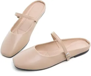 Hee grand Mules for Women Mary Jane Shoes Retro Square Toe Strap Backless Flat Mules Comfortable Flat Slippers