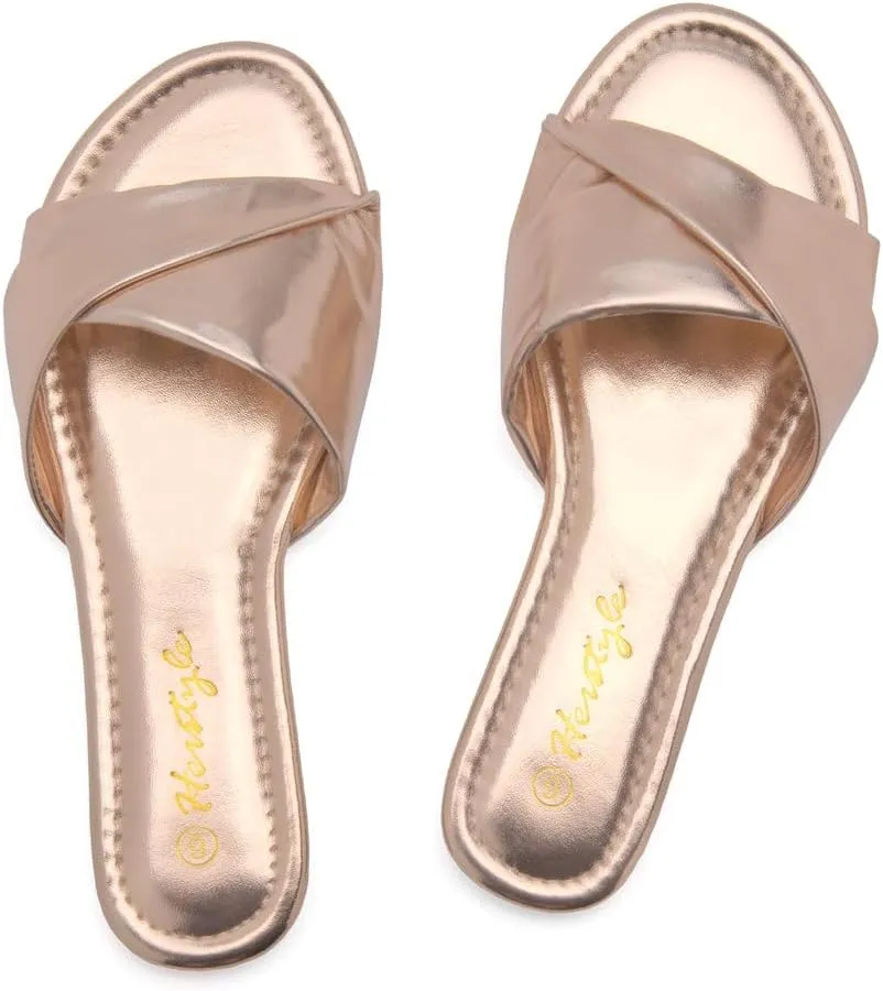 Herstyle MARLENA Women’s Flat Sandals, Fashion Slides Comfortable Casual Sandals with Round Open Toe and Single Band – Dressy Slip-On Slippers for Summer