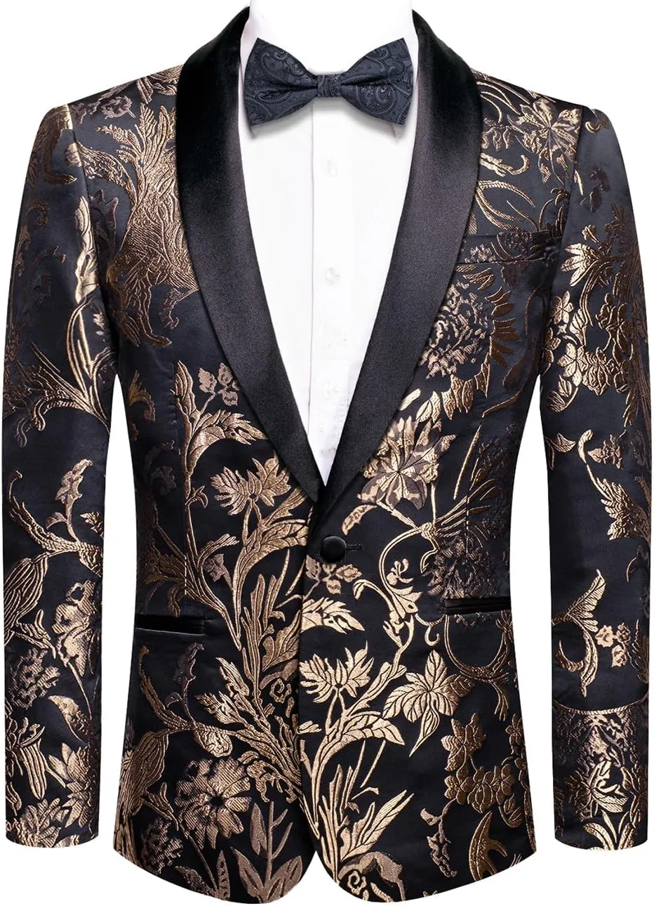 Hi-Tie Stylish Men Suit Jacket Blazer Shawl Lapel One Button Slim Fit Long Sleeve Jacket Tuxedo Party Dinner