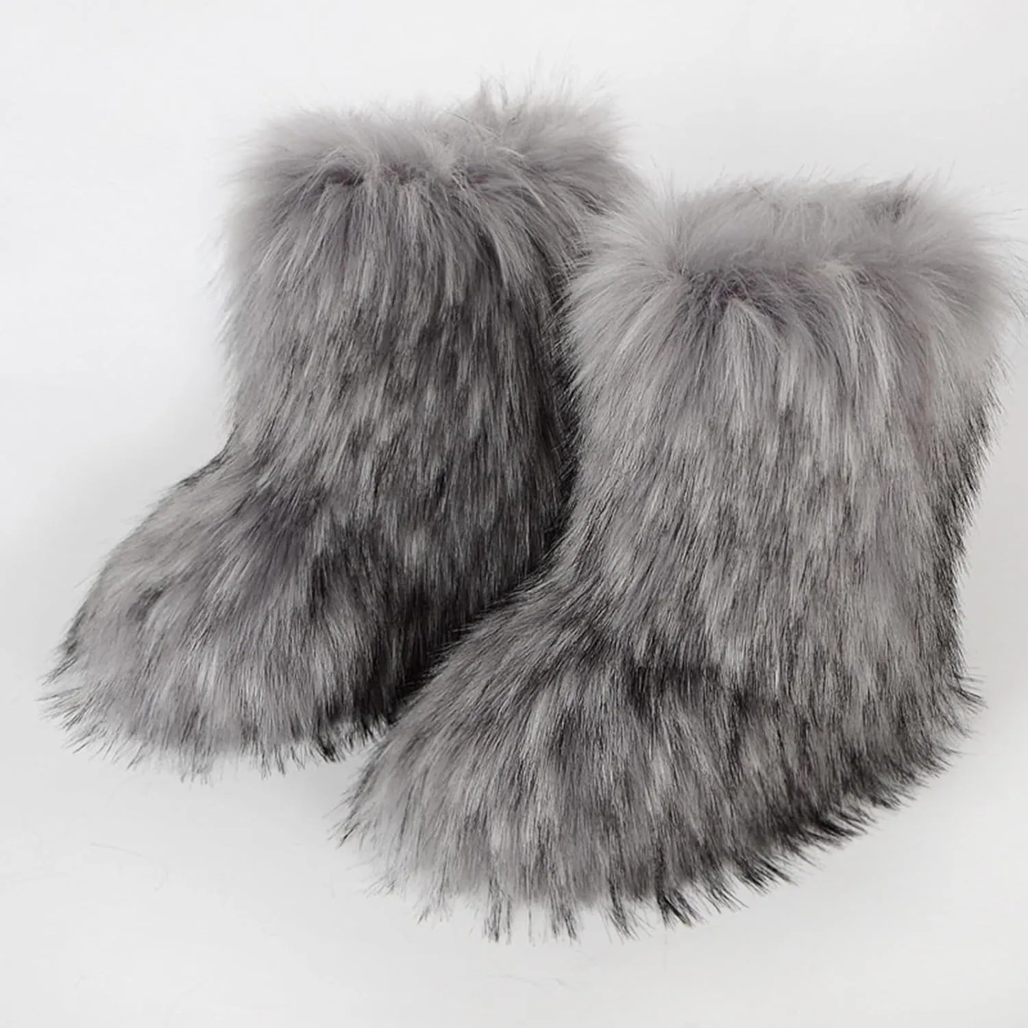 HINDOLA Womens Faux Fur Boots Fuzzy Fluffy Furry Round Toe Suede Boots Winter Comfy Plush Warm Snow Boots Comfortable Winter Ankle Booties Anti Slip Outdoor Indoor Flat Shoes