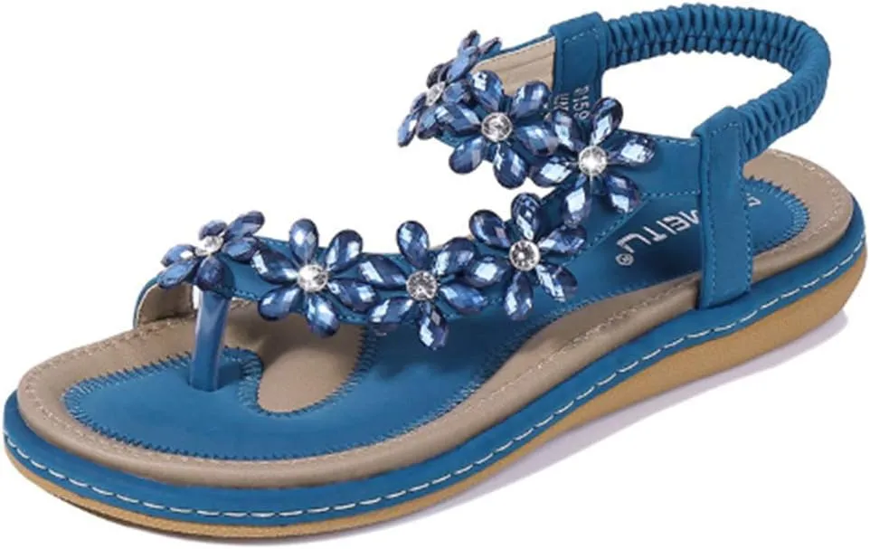 HNGHOU Women's Summer Sandals Casual Comfortable Bohemia Beach Flat Sandals Open Toe Ankle Crystal Gladiator Shoes