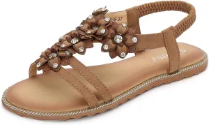 HNGHOU Women's Summer Sandals Casual Comfortable Bohemia Beach Flat Sandals Open Toe Ankle Crystal Gladiator Shoes
